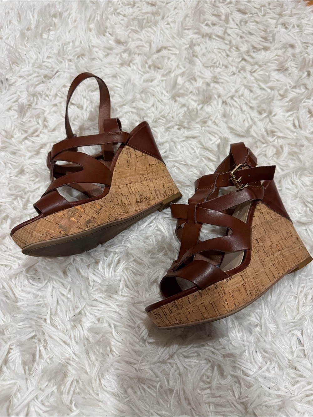 Guess Brown Strappy Wedge Sandals with Cork Heel - Picture 2 of 10